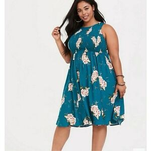 Torrid Teal Pink Floral Challis Smocked‎ Sleeveless  High Neck Mid Dress Size 1X